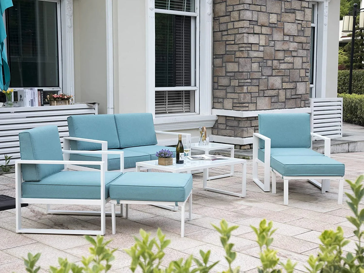 White Frame Blue Cushion 7 Pcs Outdoor Patio Furniture Set R4972