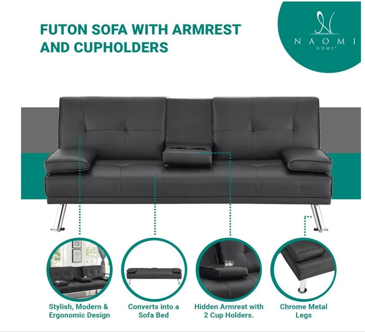 Black Faux Leather Futon Sofa Bed W983050