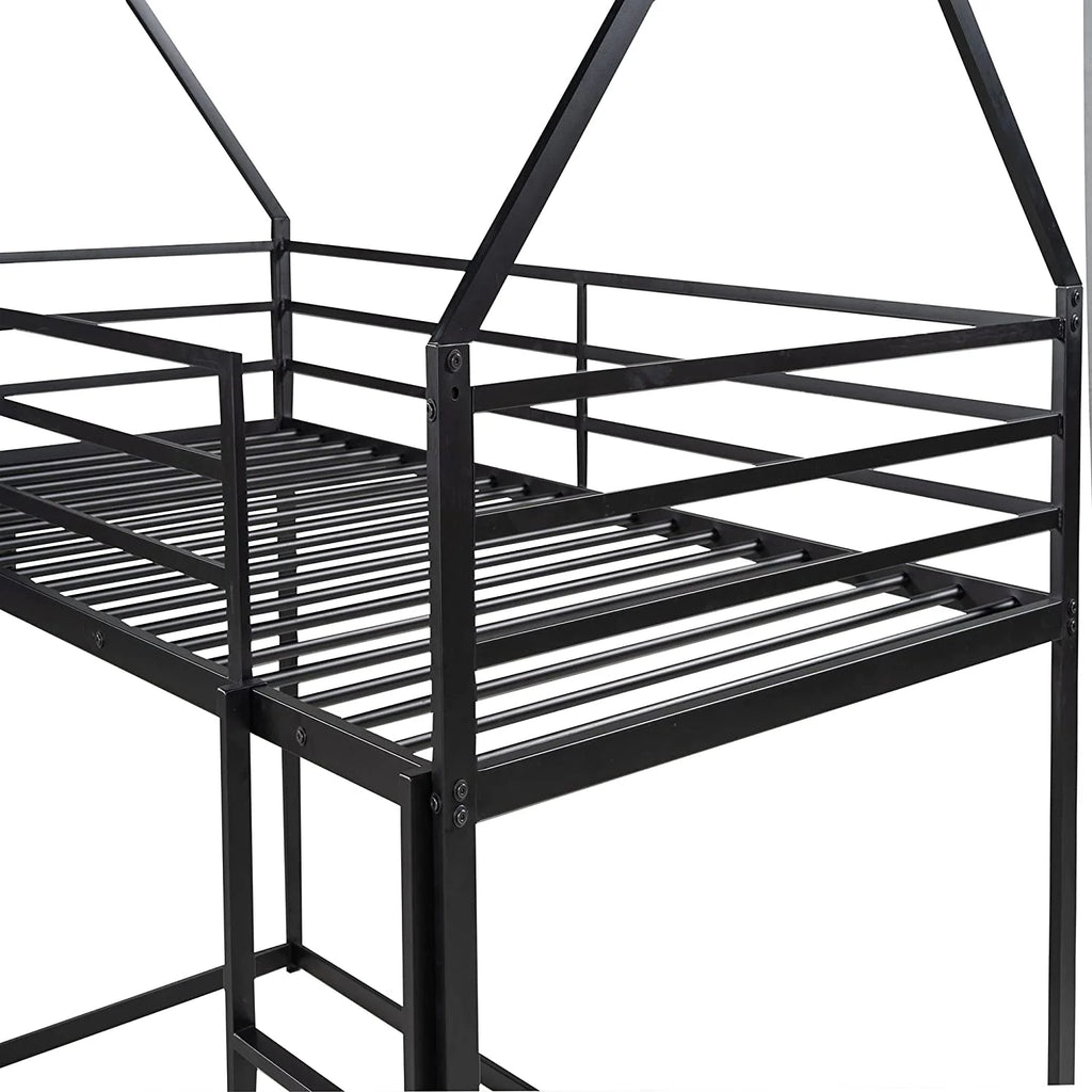 Black Metal Frame Kids Bunk Bed with Slide and Built-In Ladder T6006