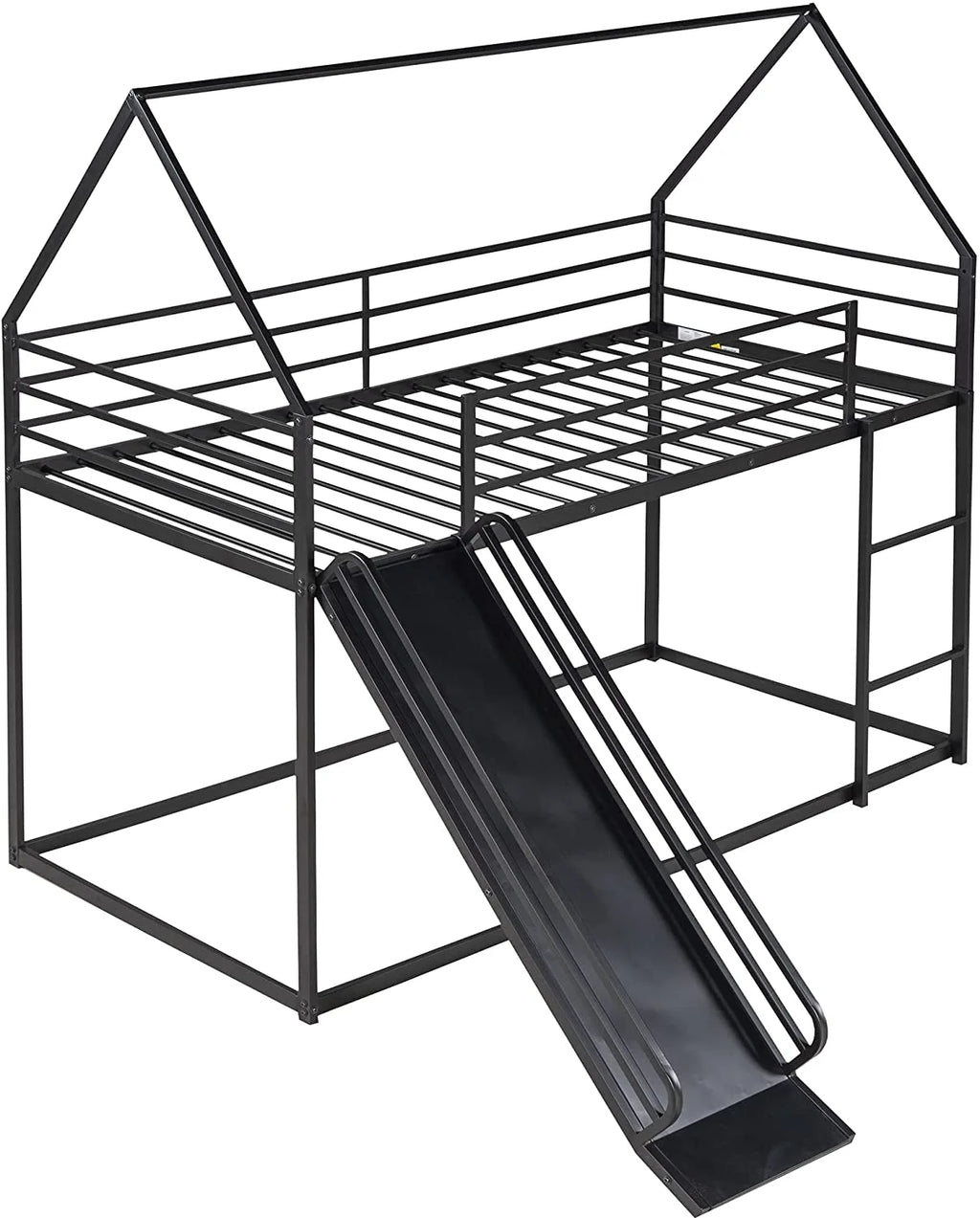 Black Metal Frame Kids Bunk Bed with Slide and Built-In Ladder T6006