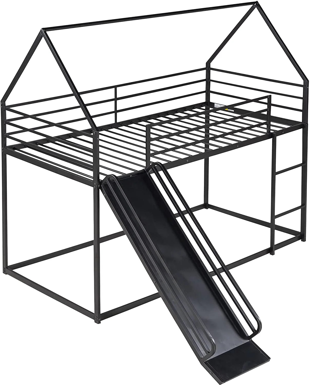 Black Metal Frame Kids Bunk Bed with Slide and Built-In Ladder T6006