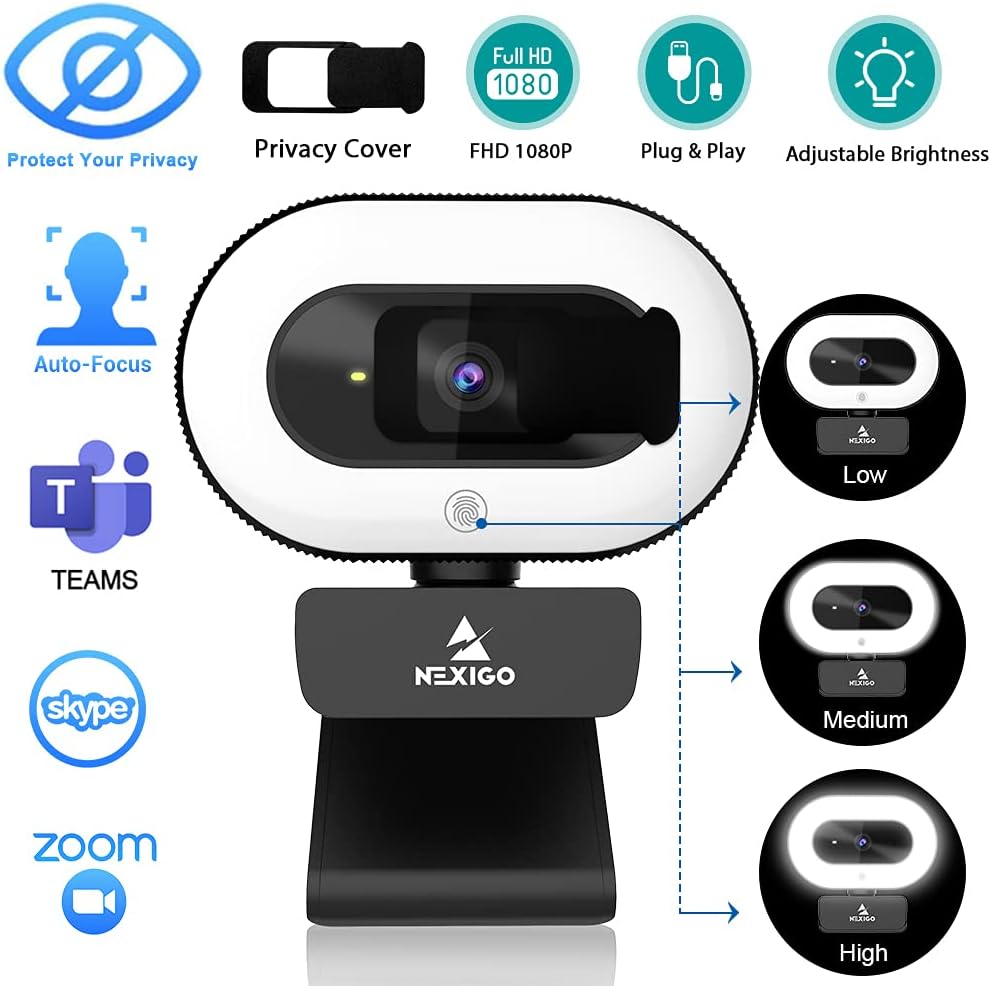 1080P Webcam with Ring Light and Privacy Cover K50529