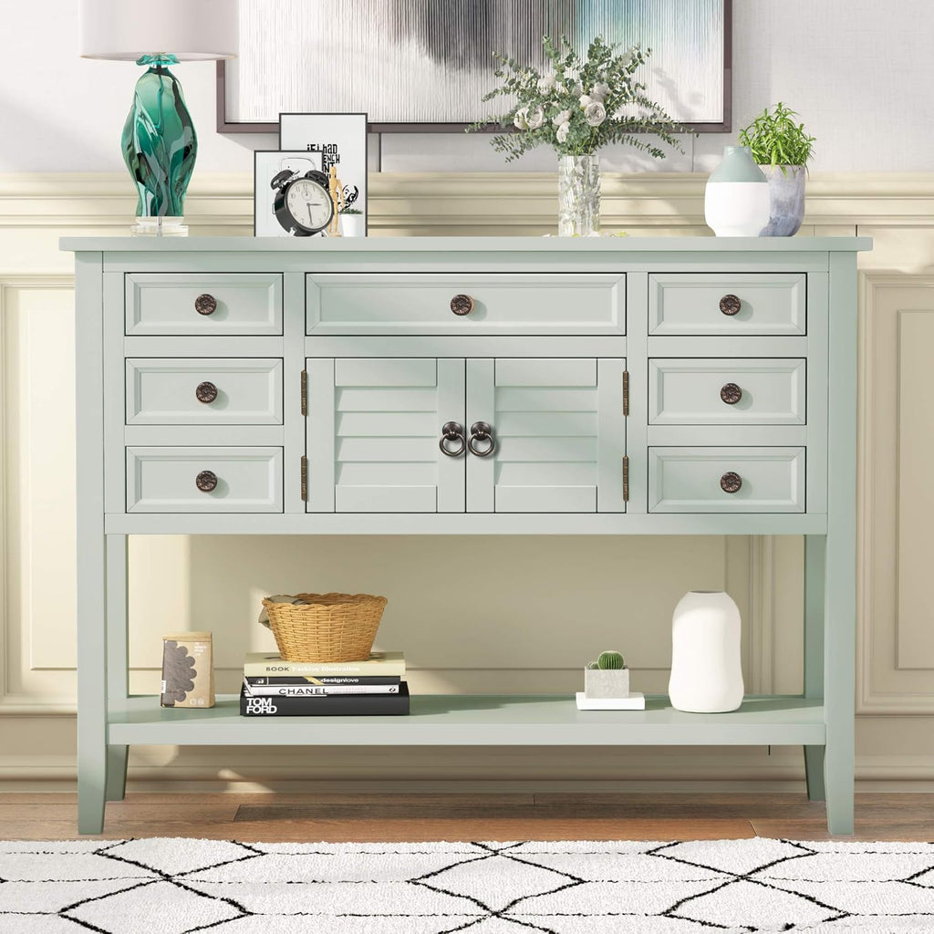 Green Solid Wood Console Table with 7 Drawers and 1 Cabinet Q37540