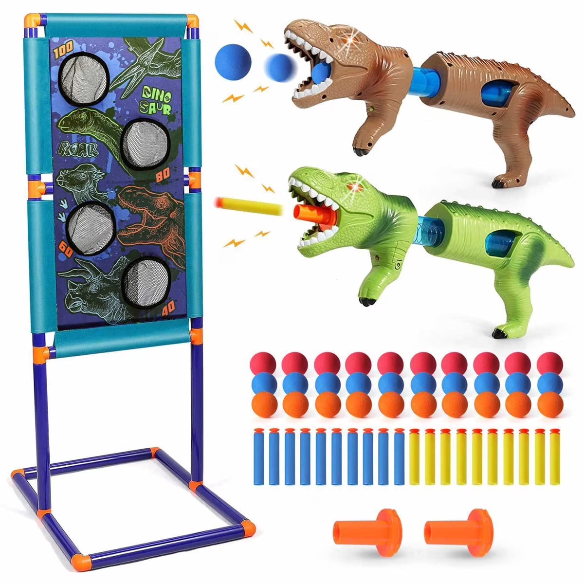 Dinosaur Shooting Game Toy with 2pk Foam Ball Popper Air Guns & 30 Foam Balls Y989