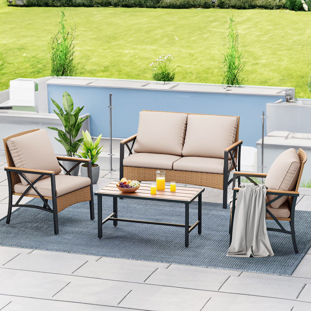 4-Piece All-Weather Patio Furniture Set with Wood Armrests and Rattan Design, Light Brown+Beige M293