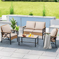 4-Piece All-Weather Patio Furniture Set with Wood Armrests and Rattan Design, Light Brown+Beige M293