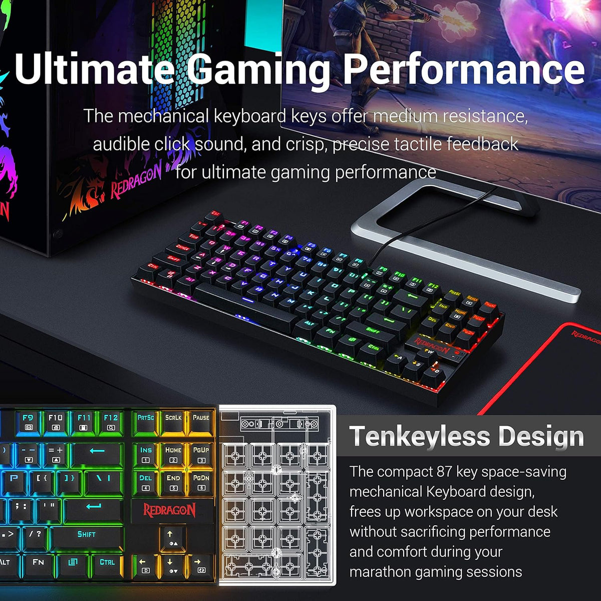 Mechanical Gaming Keyboard and Mouse Combo, Tenkeyless, 60% with Arrow Key, 7200 DPI Mouse, Pack of 2 G402