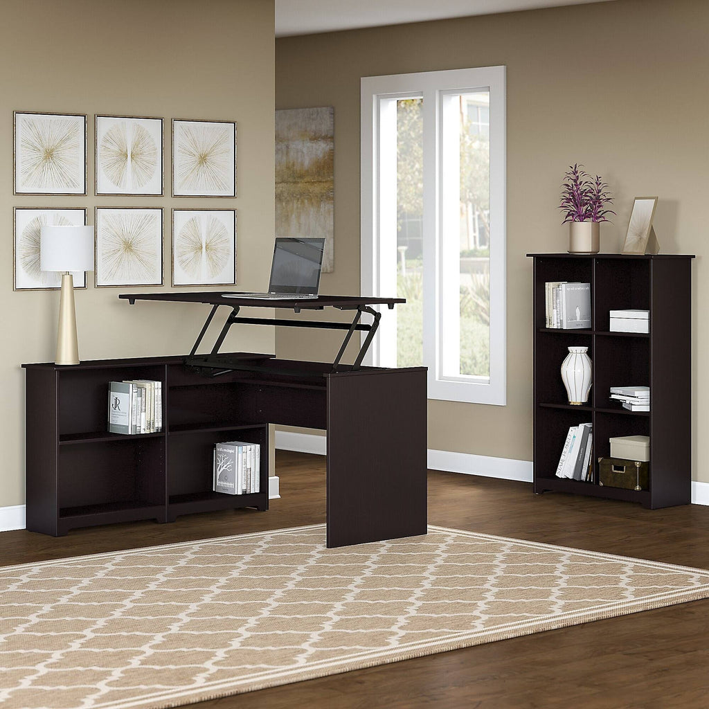 Espresso Oak 3 Position Sit to Stand Corner Bookshelf Desk with 6 Cube Organizer F925