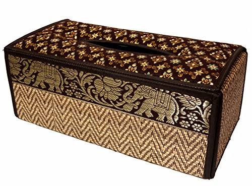 Natural Reed Wicker Tissue Box Cover with Plush Silk Trim K4617
