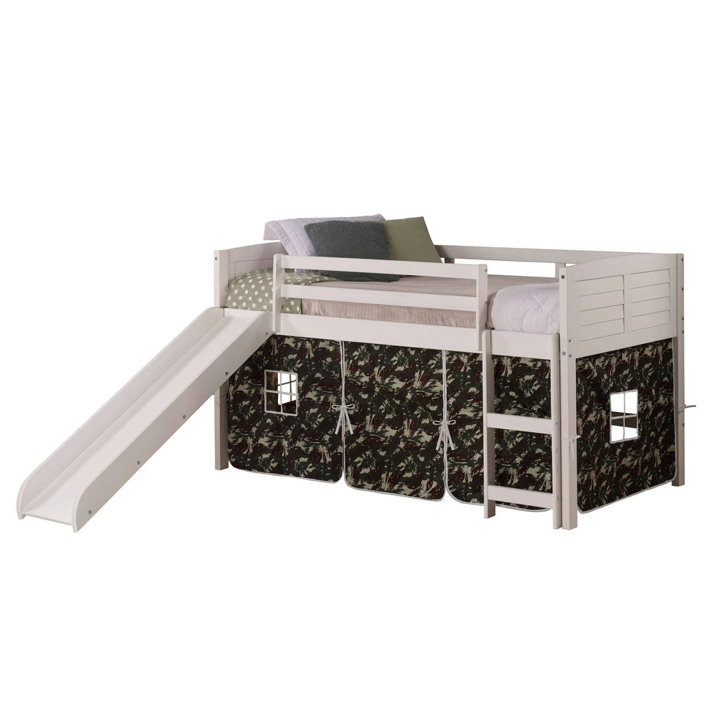 Twin Low Loft White Bed with Camo Tent and Slide R7278
