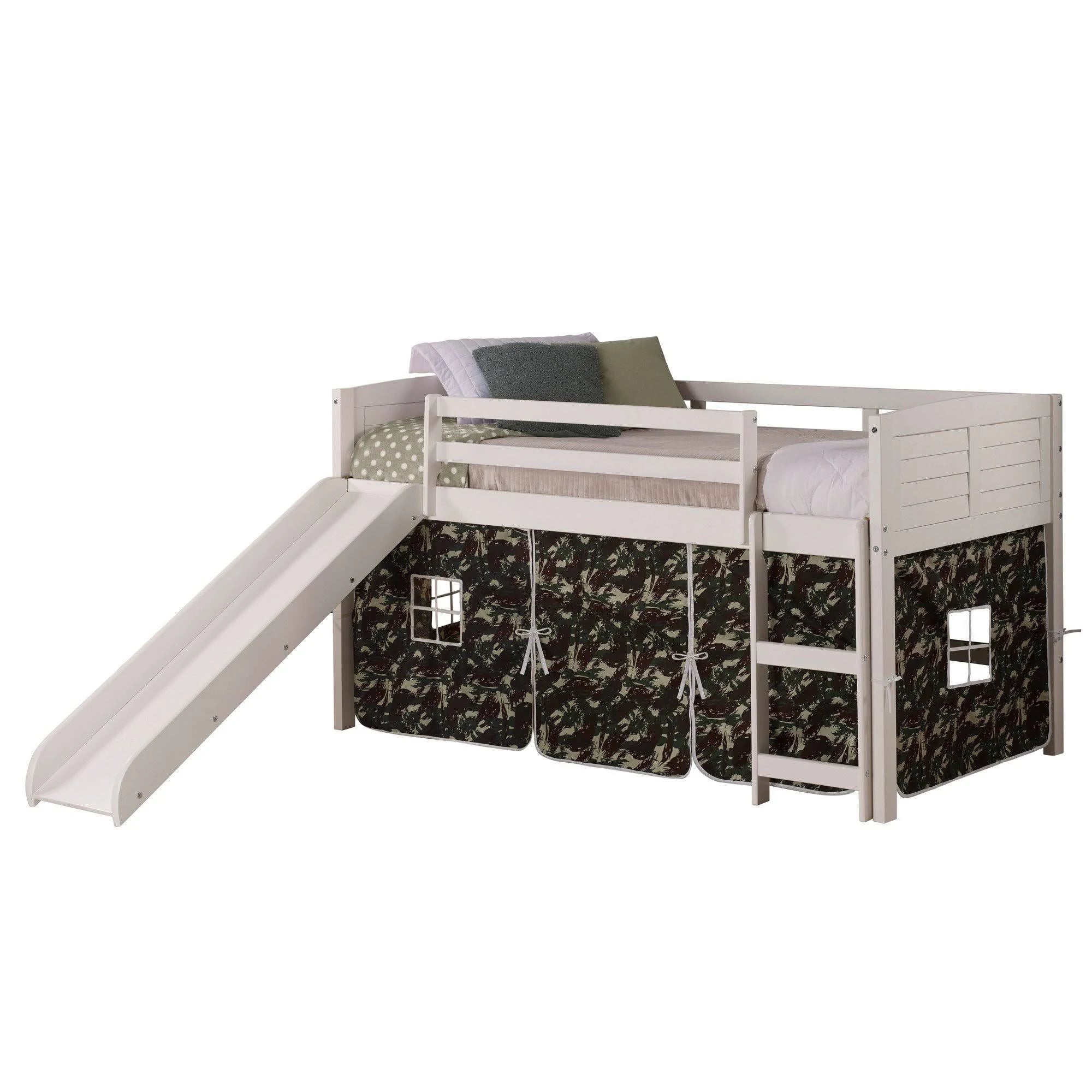 Twin Low Loft White Bed with Camo Tent and Slide R7278
