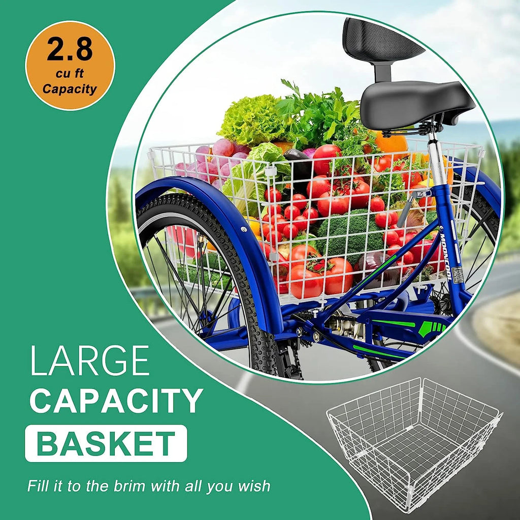 Blue Adult Tricycle 24" 7-Speed with Shopping Basket I5011