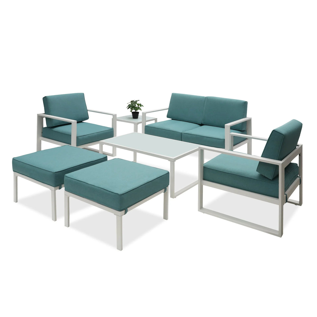 White Frame Blue Cushion 7 Pcs Outdoor Patio Furniture Set R4972