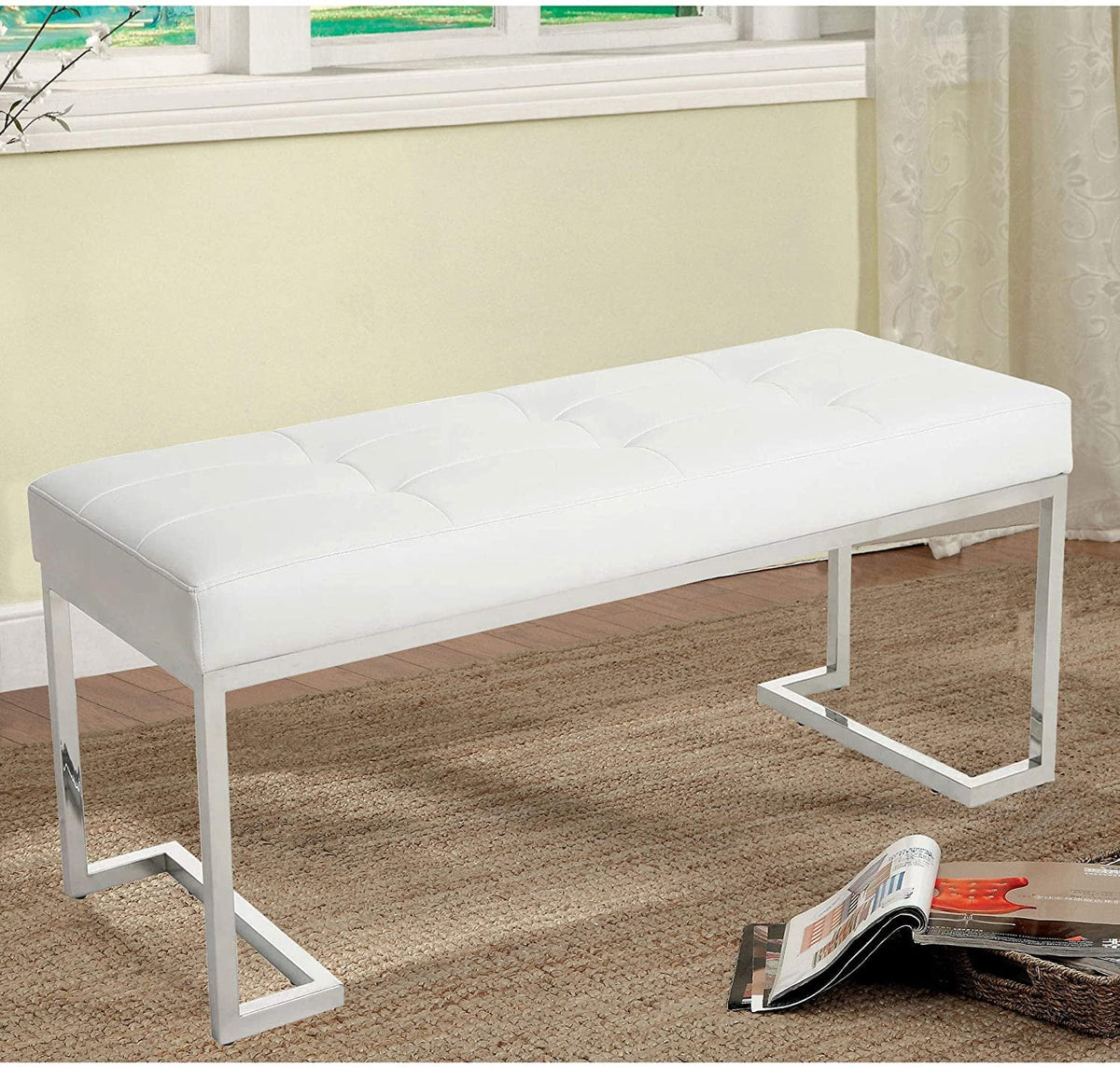 White Rectangle Tufted Faux Leather Bench H205