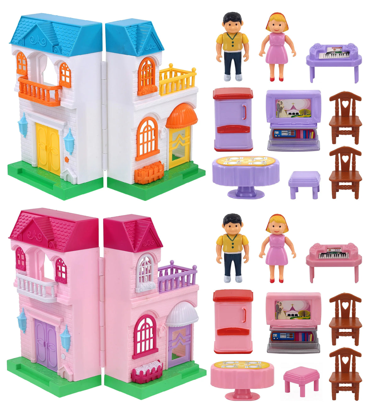 Mini Doll House Playset with 1 Pink House and 1 Blue House Set Q716