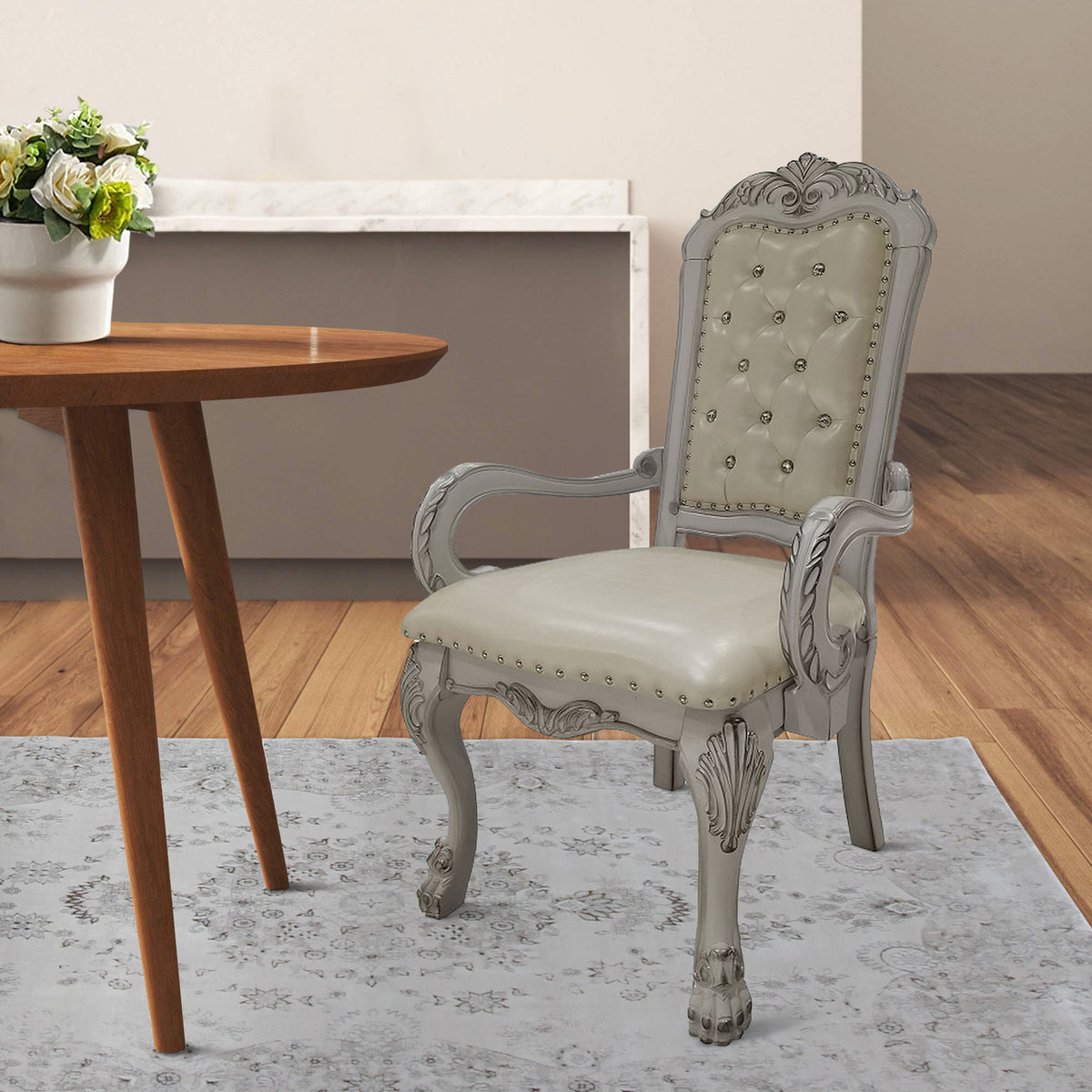 26 Inch Tufted Dining Armchair Set of 2 Faux Leather Bone White H7241