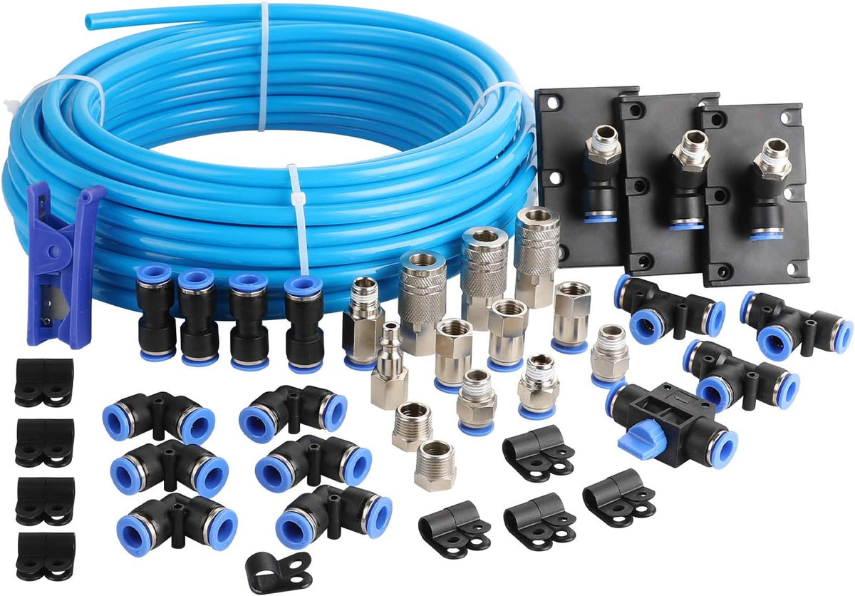 49PCS 3/8 Inch Nylon Compressed Air Pipe Kit with Cutter, Tees, Mounting Clips, Connectors R30866