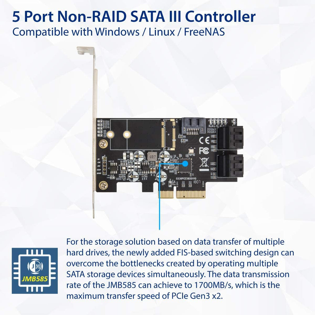 5 Port Non-Raid SATA III PCI-E X4 Controller Card with Low Profile Bracket R370050