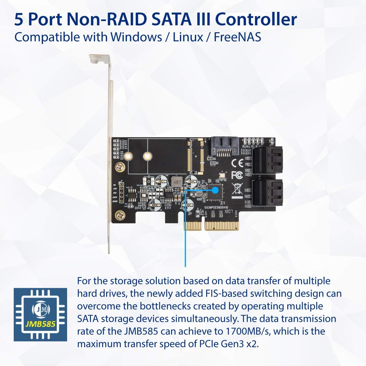 5 Port Non-Raid SATA III PCI-E X4 Controller Card with Low Profile Bracket R370050