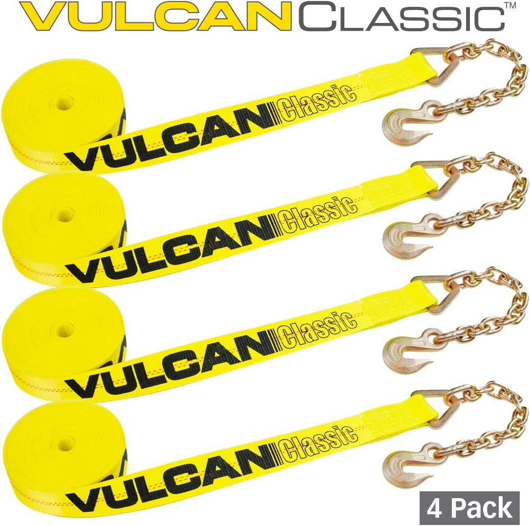 2 Inch x 27 Foot Yellow Winch Strap with Chain Anchor, 4 Pack L544