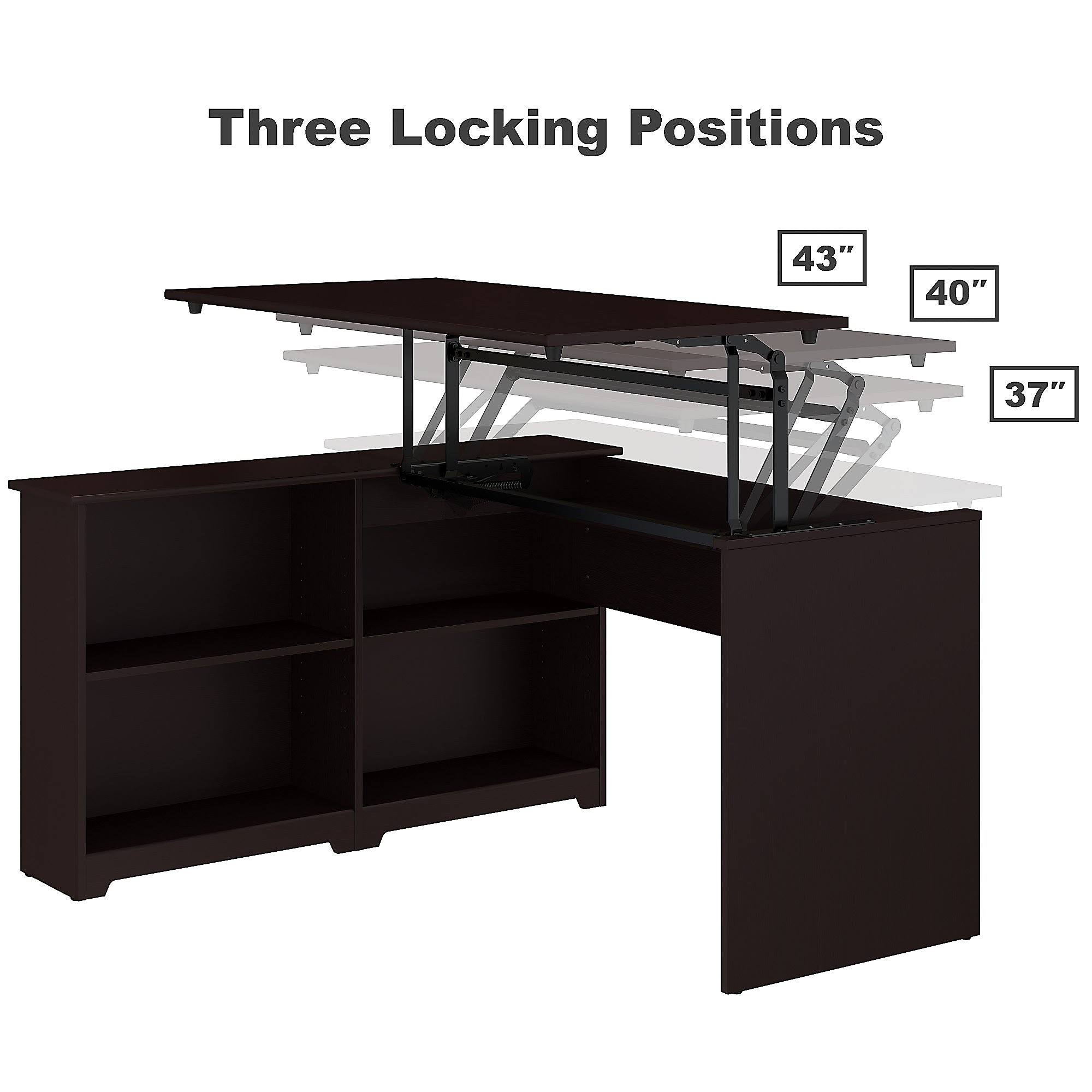 Espresso Oak 3 Position Sit to Stand Corner Bookshelf Desk with 6 Cube Organizer F925