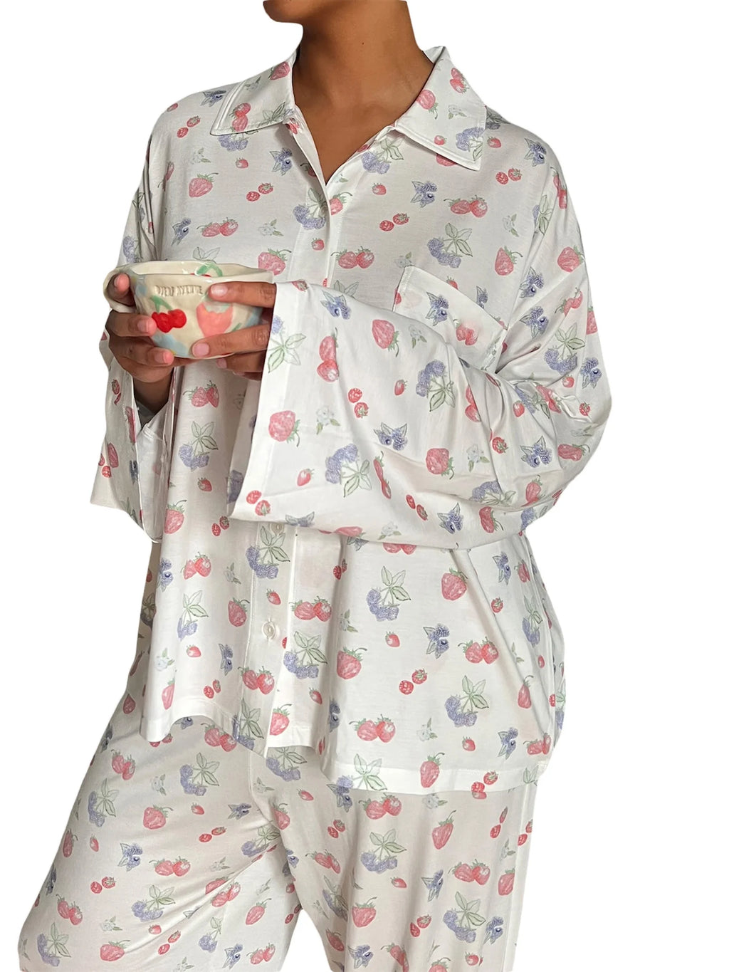 Women 2 Piece Floral Pajamas Lounge Set Long Sleeve Shirt Wide Leg Pants G62383
