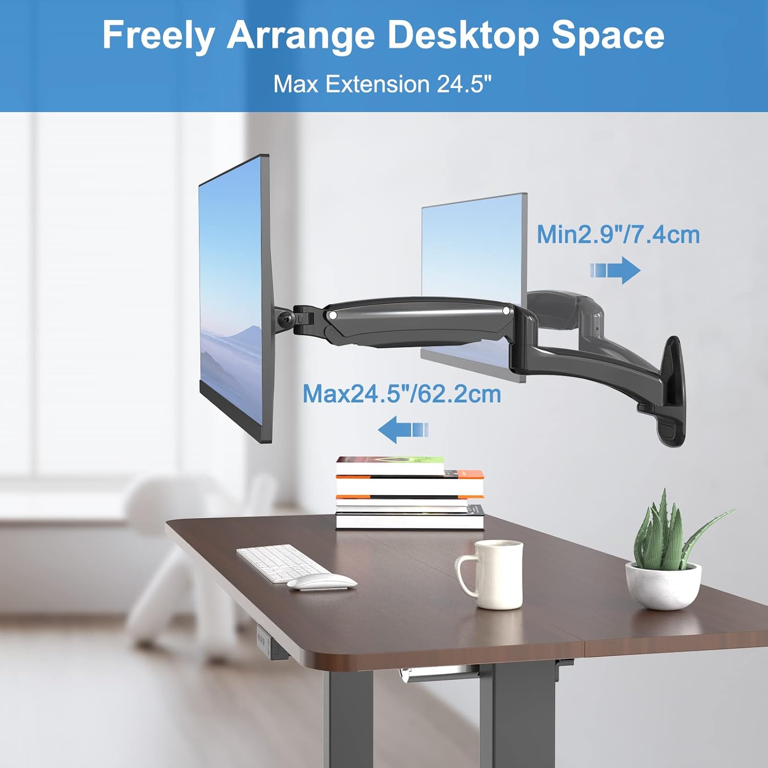 Single Wall Monitor Mount, Full Range Motion Wall Mounted Monitor Arm, Fully Adjustable PC Computer Wall Mount with Extendable Arm Fits up to 27" 13.2lbs Screens Max VESA Size 100x100mm Pack of 2 C53926