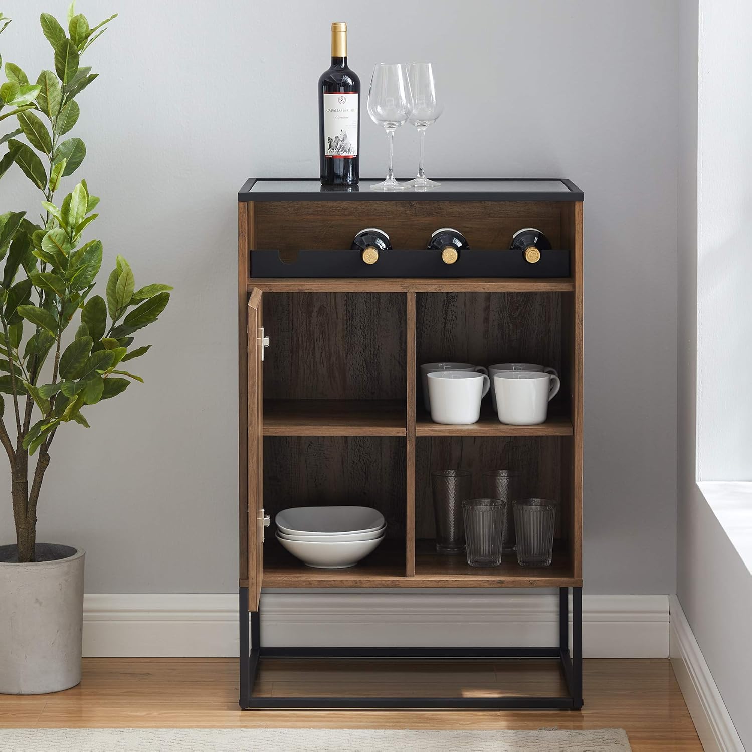 Rustic Oak Wood and Glass Bar Cabinet Y326671