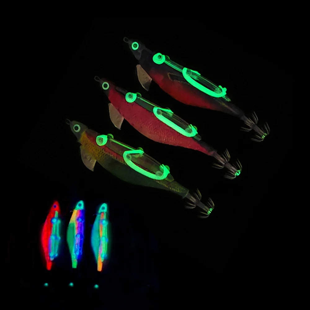 10pcs Fishing Luminous Shrimp Lure Hard Artificial Bait Wood with Squid Hooks N843895