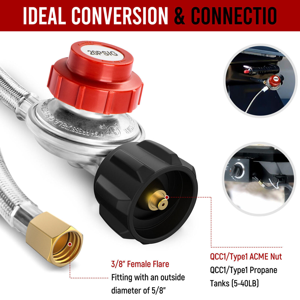 4FT Stainless Steel Braided Propane Gas Hose with Adjustable High Pressure Regulator V961