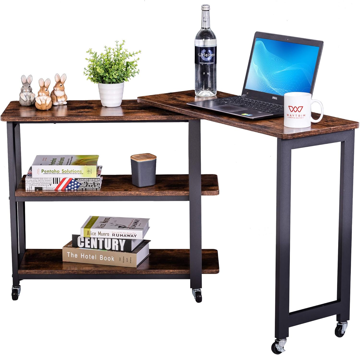 Rustic Brown Mobile Sofa Side Table with 2 Tier Storage Shelves F473