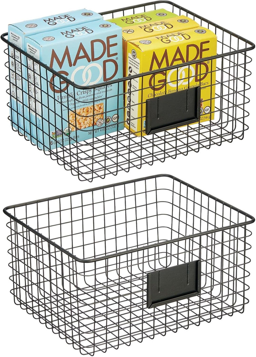 Metal Wire Food Organizer Storage Bin Basket with Label Slot, 2 Pack, Matte Black V4247