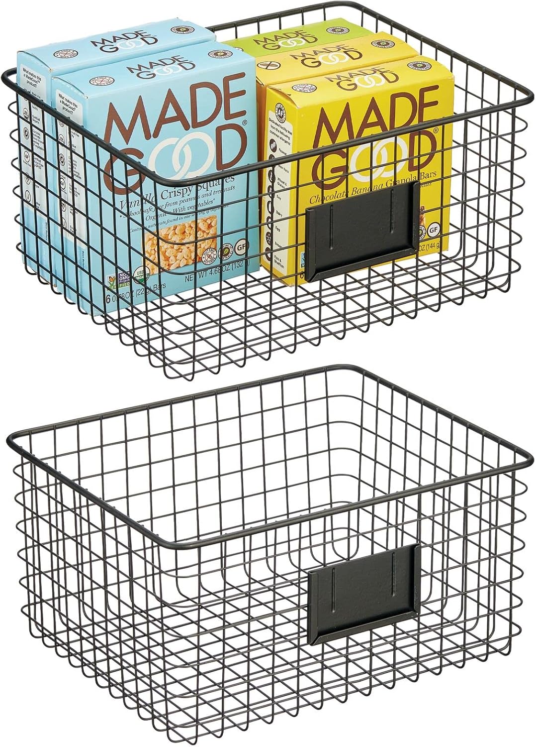 Metal Wire Food Organizer Storage Bin Basket with Label Slot, 2 Pack, Matte Black V4247