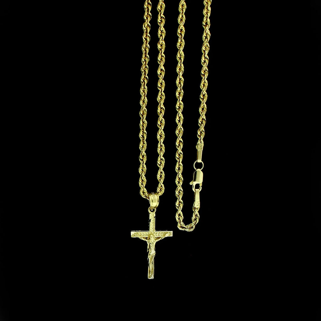 10K Yellow Gold Jesus Cross Charm Pendant Diamond Cut Rope Chain P538