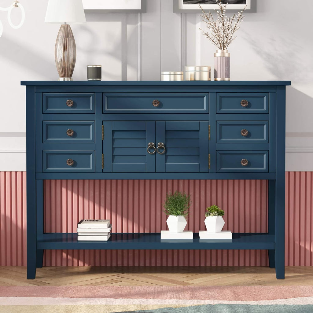 Green Solid Wood Console Table with 7 Drawers and 1 Cabinet Q37540