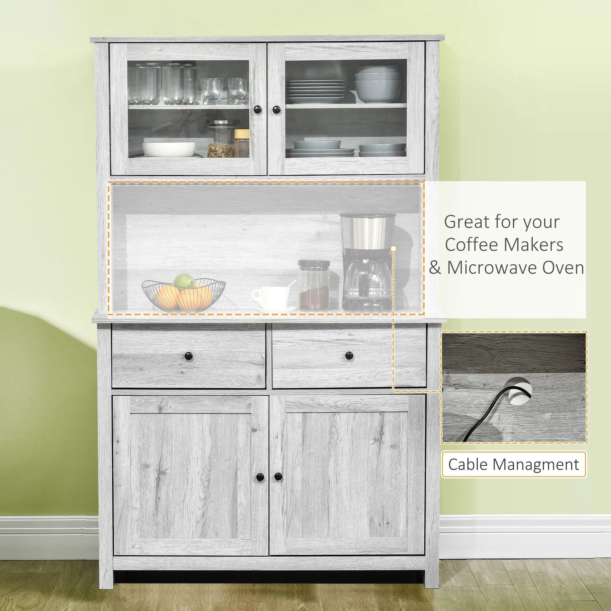 Ash Grey Kitchen Buffet with Hutch and Framed Glass Doors T10756