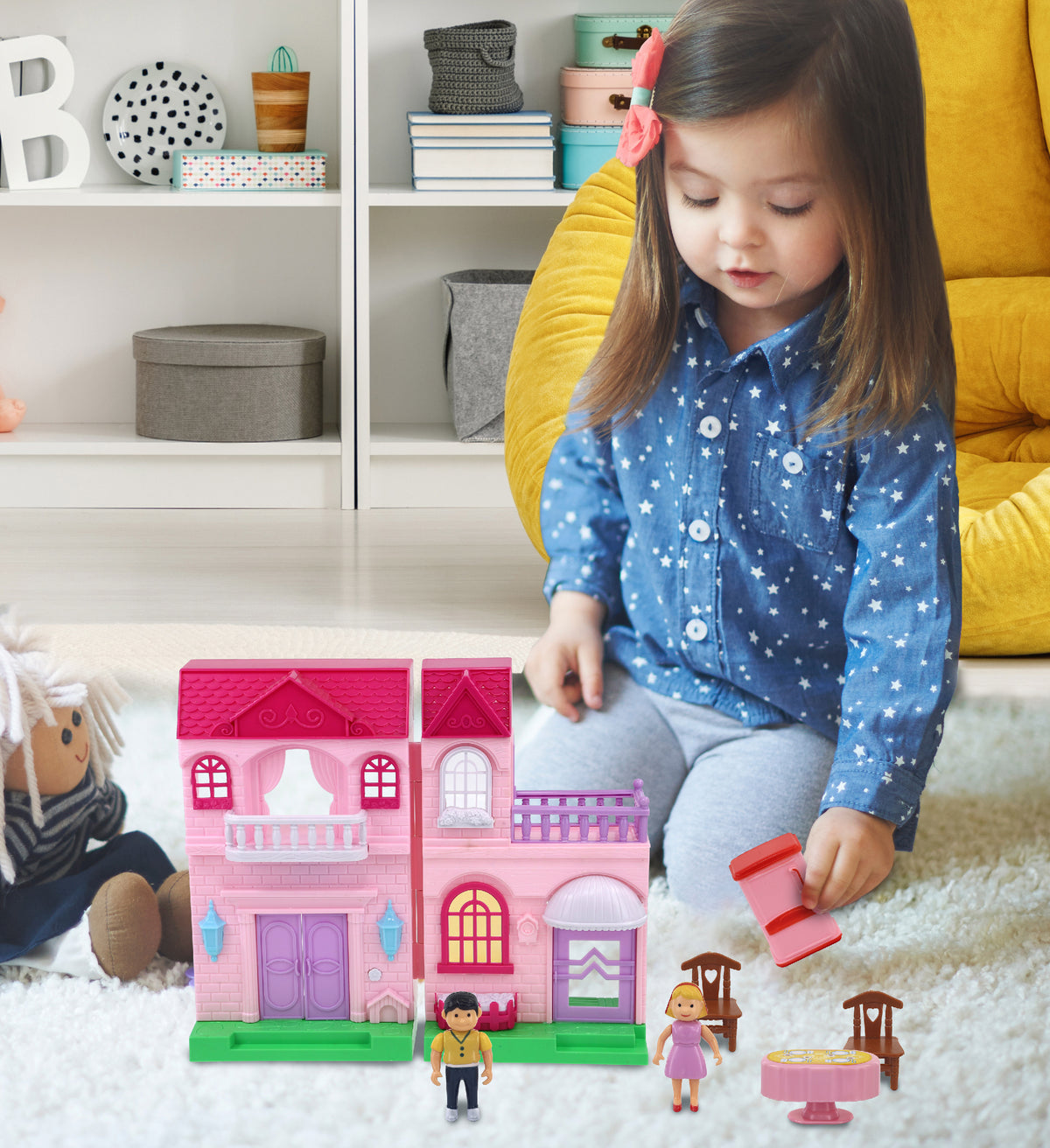 Mini Doll House Playset with 1 Pink House and 1 Blue House Set Q716