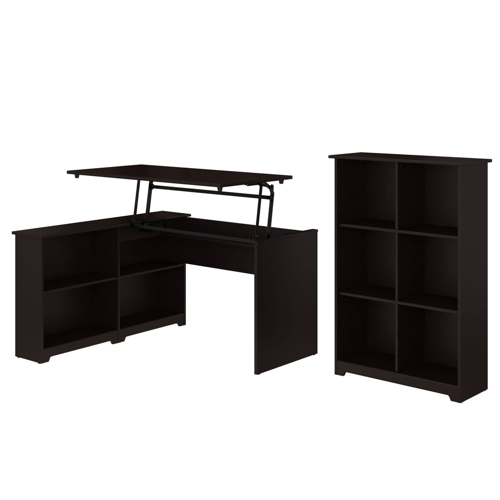 Espresso Oak 3 Position Sit to Stand Corner Bookshelf Desk with 6 Cube Organizer F925