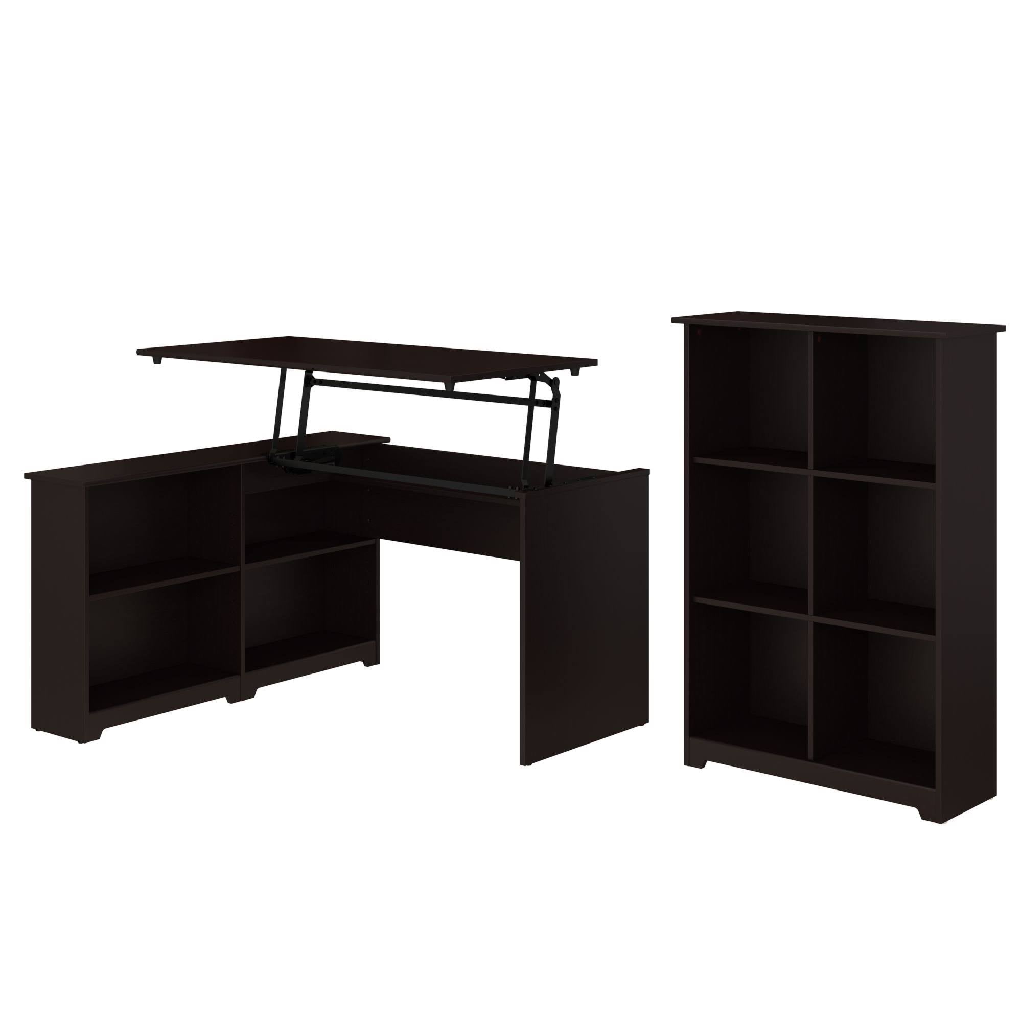Espresso Oak 3 Position Sit to Stand Corner Bookshelf Desk with 6 Cube Organizer F925
