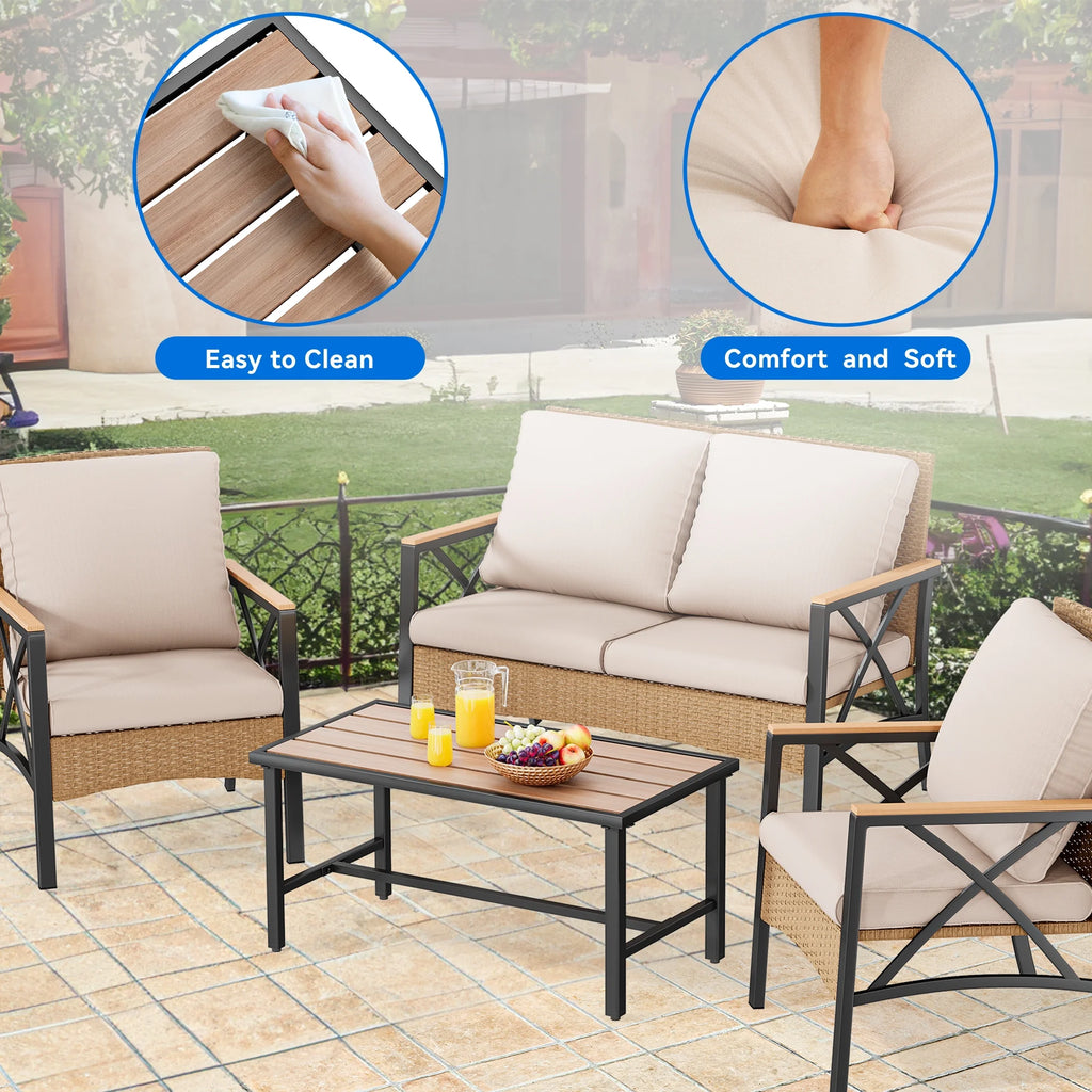 4-Piece All-Weather Patio Furniture Set with Wood Armrests and Rattan Design, Light Brown+Beige M293