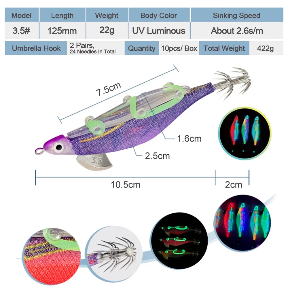 10pcs Fishing Luminous Shrimp Lure Hard Artificial Bait Wood with Squid Hooks N843895