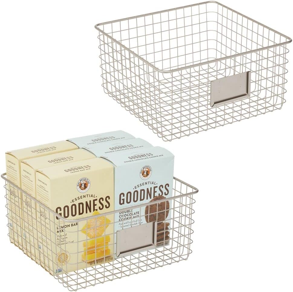 Metal Wire Food Organizer Storage Bin Basket with Label Slot, 2 Pack, Matte Black V4247