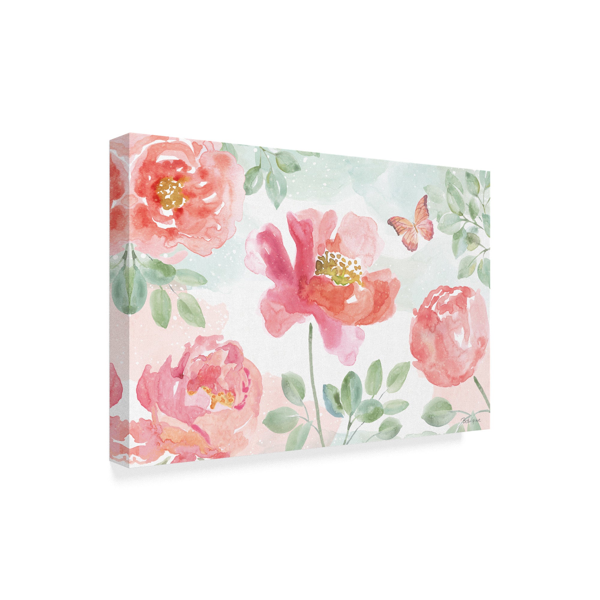 Watercolorful Pink And Green Floral Canvas Art E87118