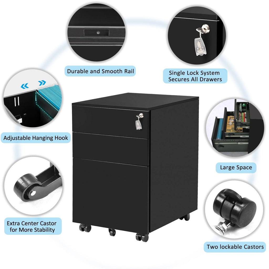 Black Metal 3 Drawer Lockable File Cabinet Q875