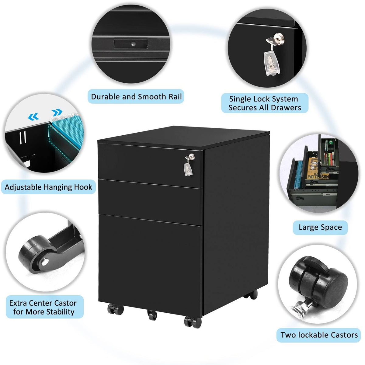 Black Metal 3 Drawer Lockable File Cabinet Q875
