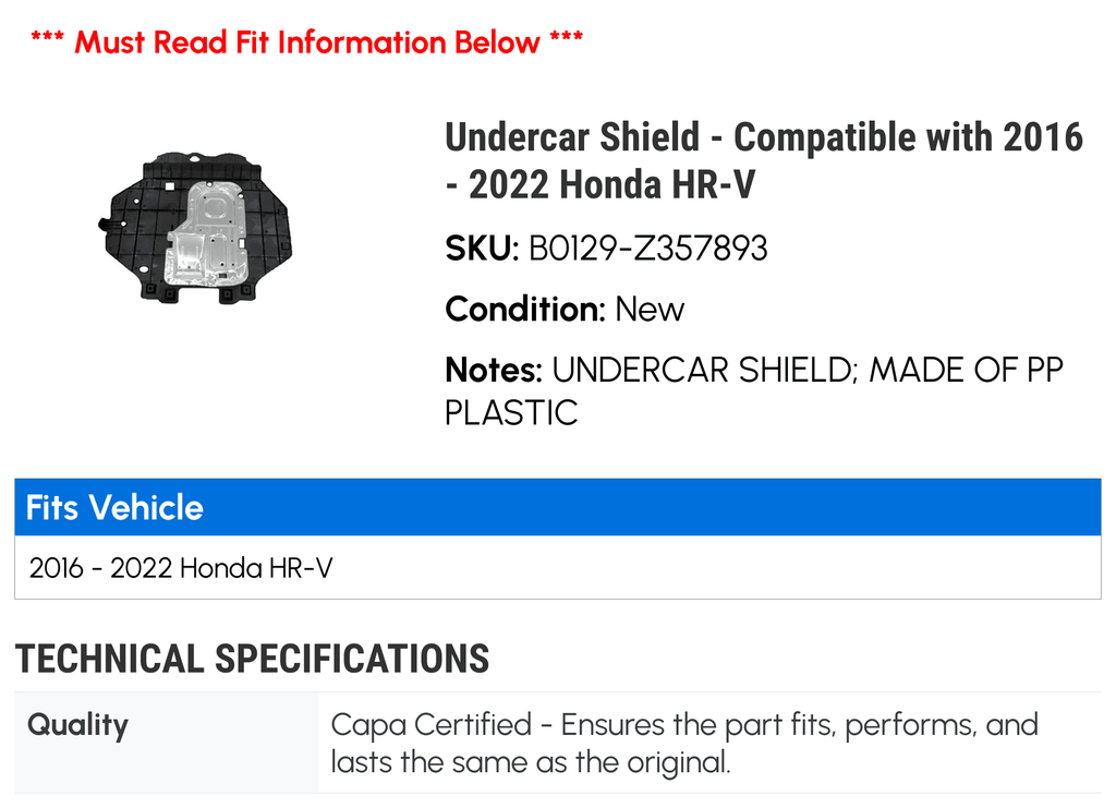 Undercar Shield for Honda HR-V N97305