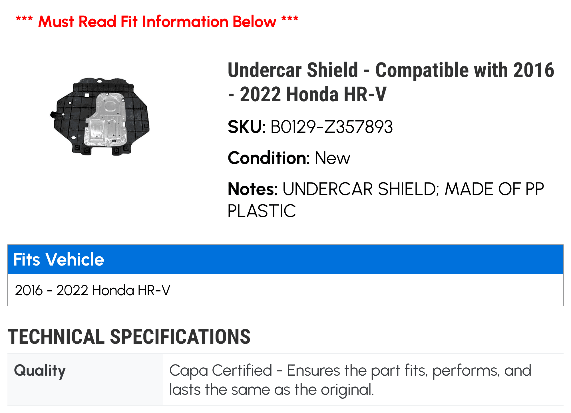 Undercar Shield for Honda HR-V N97305