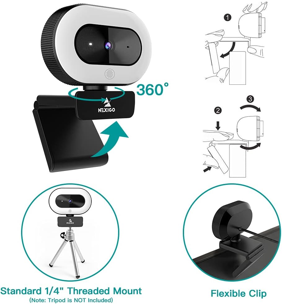1080P Webcam with Ring Light and Privacy Cover K50529
