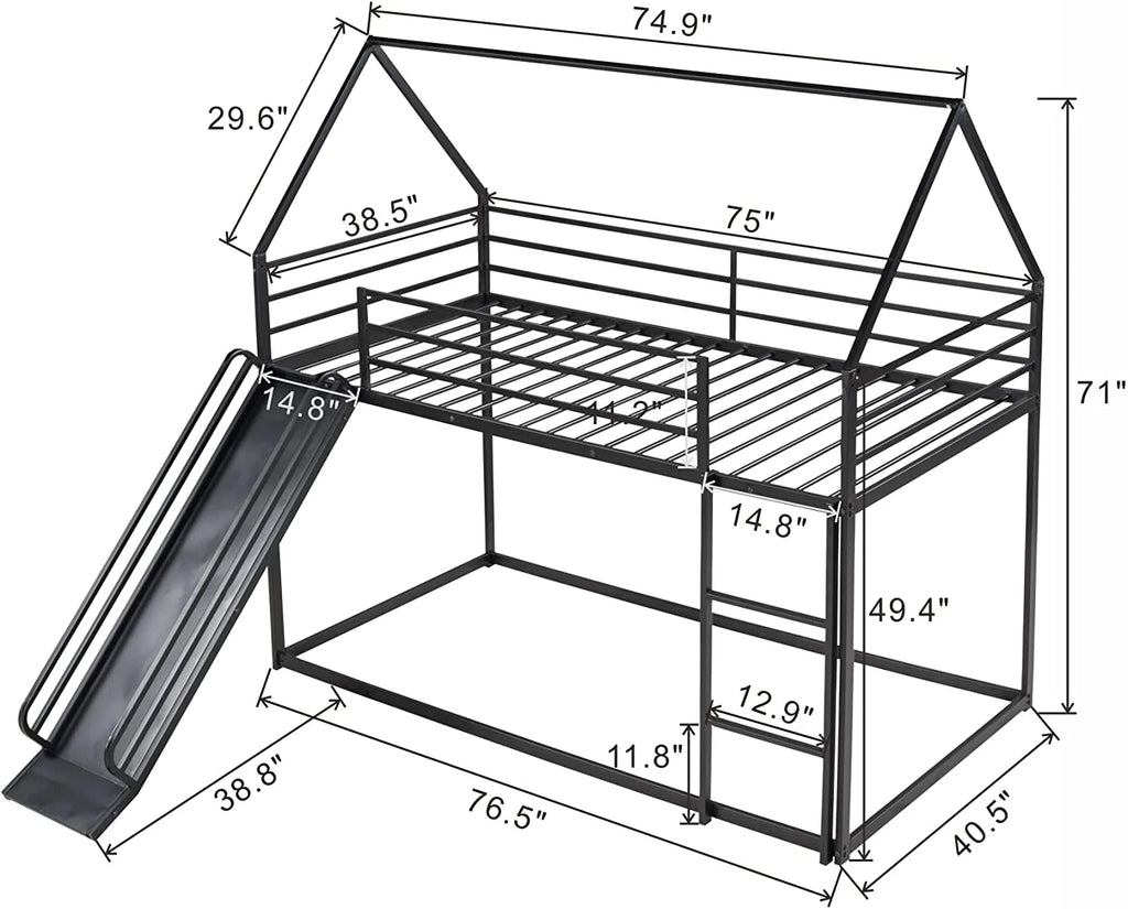 Black Metal Frame Kids Bunk Bed with Slide and Built-In Ladder T6006