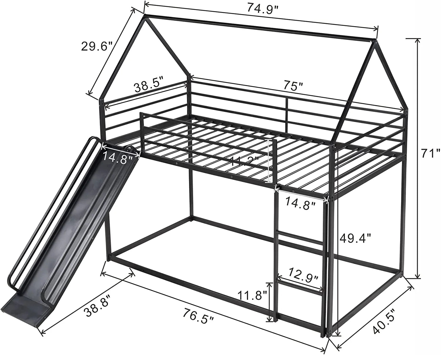Black Metal Frame Kids Bunk Bed with Slide and Built-In Ladder T6006